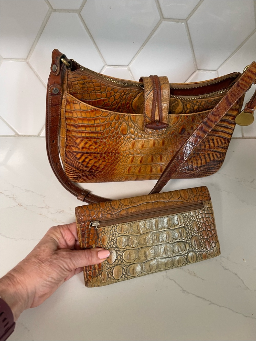 Brahmin Croc-Embossed Leather Shoulder Bag & Zip Wallet - Tan/Brown with COA